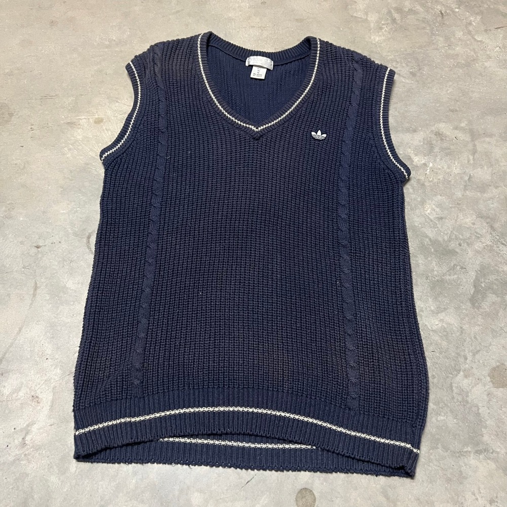 Vintage Adidas Trefoil Sweater Vest Mens Medium Navy Blue Cable Knit V-Neck M12T